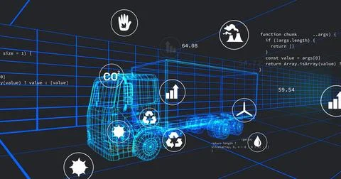 Image of multiple digital icons over 3d truck model moving in seamless pattern 스톡 사진