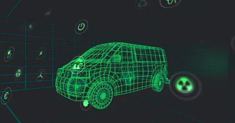Image of multiple digital icons over 3d van model moving in seamless pattern in Stock Photos