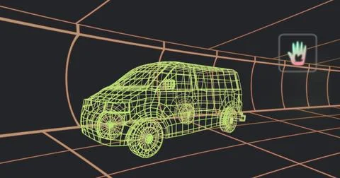 Image of multiple digital icons over 3d van model moving in seamless pattern in Foto stock