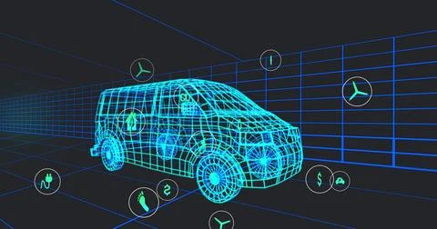 Image of multiple digital icons over 3d van model moving in seamless pattern in Stock Photos