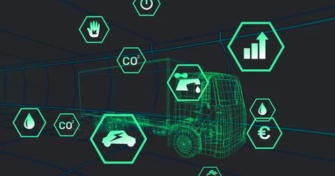 Image of multiple digital icons over 3d truck model moving in seamless pattern Stock Photos