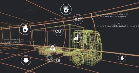 Image of multiple digital icons over 3d truck model moving in seamless pattern Stock Photos