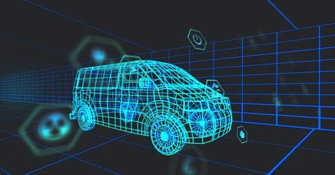 Image of multiple digital icons over 3d van model moving in seamless pattern in Stock Photos