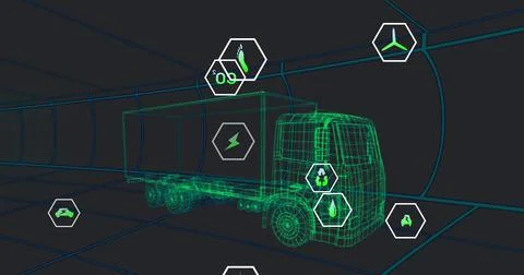 Image of multiple digital icons over 3d truck model moving in seamless pattern Stock Photos