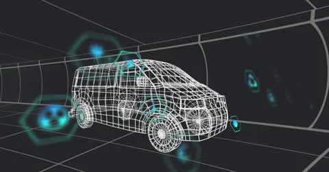 Image of multiple digital icons over 3d van model moving in seamless pattern in Stock Photos