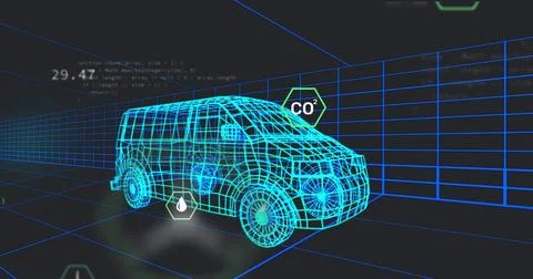 Image of multiple digital icons over 3d van model moving in seamless pattern in Foto stock