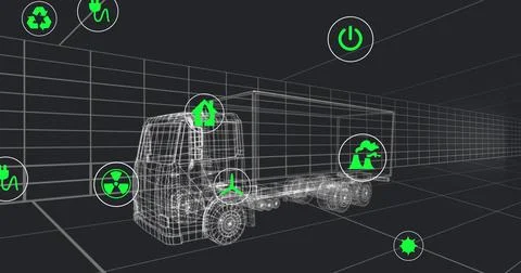 Image of multiple digital icons over 3d truck model moving in seamless pattern Stock Photos