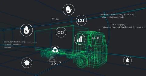 Image of multiple digital icons over 3d truck model moving in seamless pattern Stock Photos
