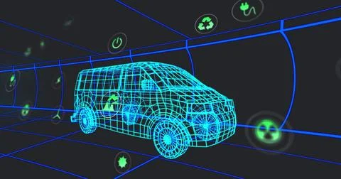 Image of multiple digital icons over 3d van model moving in seamless pattern in Stock Photos