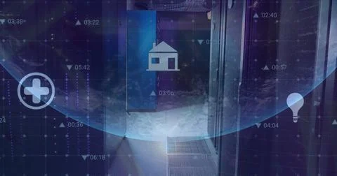 Image of multiple digital icons over globe against computer server room 写真素材