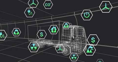 Image of multiple digital icons over 3d truck model in seamless pattern on black Stock Photos