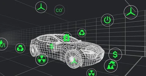 Image of multiple digital icons over 3d car model moving in seamless pattern on Stock Photos