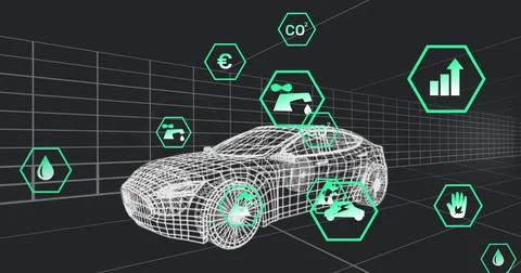 Image of multiple digital icons over 3d car model moving in seamless pattern on Stock Photos