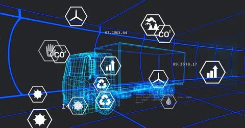 Image of multiple digital icons over 3d truck model in seamless pattern and data Foto stock
