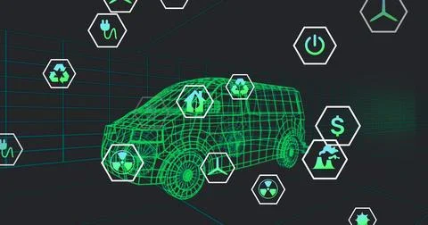 Image of multiple digital icons over 3d van model moving in seamless pattern on Foto stock