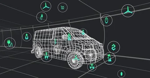 Image of multiple digital icons over 3d van model moving in seamless pattern on Stock Photos