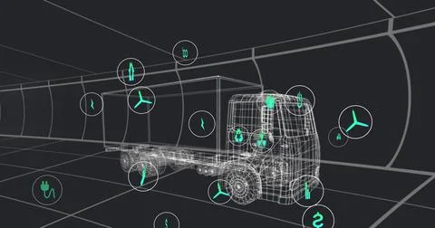 Image of multiple digital icons over 3d truck model in seamless pattern on black Stock Photos