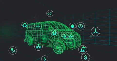 Image of multiple digital icons over 3d van model moving in seamless pattern on Stock Photos