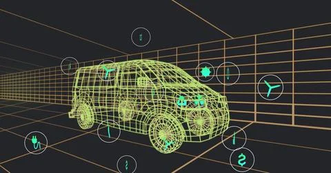 Image of multiple digital icons over 3d van model moving in seamless pattern on Stock Photos