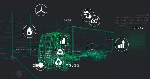 Image of multiple digital icons over 3d truck model in seamless pattern and data Foto stock