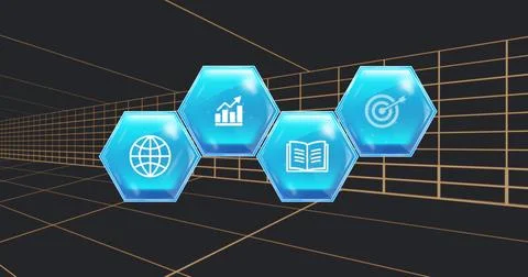 Image of multiple digital icons over tunnel in seamless pattern against black Stock Photos