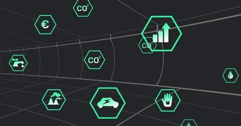 Image of multiple digital icons over tunnel in seamless pattern against black Stock Photos