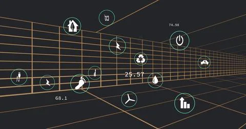 Image of multiple digital icons over tunnel in seamless pattern against black Stock Photos