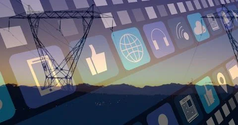 Image of multiple digital icons over network towers against sunset sky 写真素材