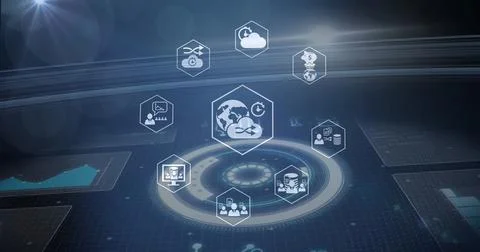 Image of multiple digital icons spinning over interface with data processing and Ilustração Stock