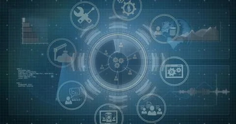 Image of multiple digital icons spinning over interface with data processing and Stock Illustration