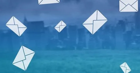 Image of multiple email envelope icons over cityscape Stock Photos