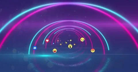 Image of multiple emoji icons moving in glowing neon tunnel on purple background Illustrazione stock
