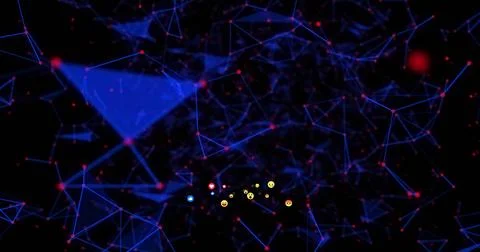 Image of multiple emoji icons moving with glowing blue networks of connections Stock Illustration