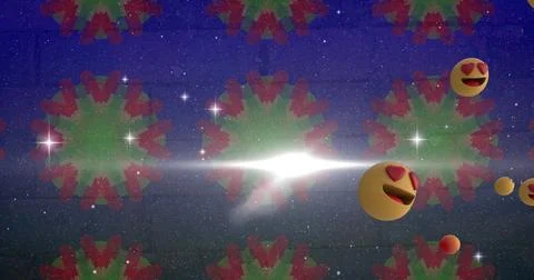 Image of multiple emoji icons moving over glowing kaleidoscope shapes changing イラスト素材