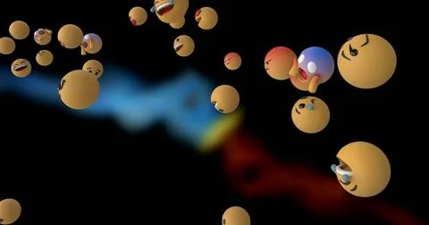 Image of multiple emojis falling over dark background Ilustração Stock