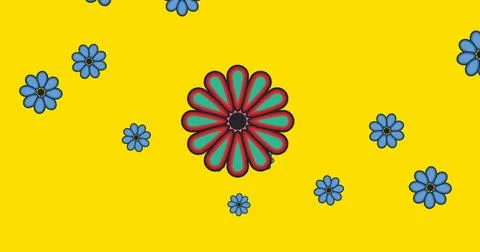 Image of multiple flowers moving over yellow background Illustrazione stock