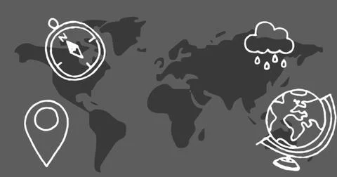 Image of multiple geography concept icons over world map against grey background Stock Photos