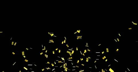Image of multiple glowing gold confetti flying up on black background Stock Illustration