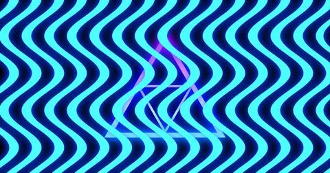 Image of multiple glowing neon blue waving lines moving over purple triangles on Illustration