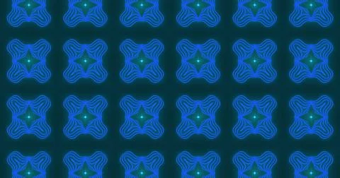 Image of multiple glowing neon blue kaleidoscope shapes moving on seamless loop 스톡 일러스트