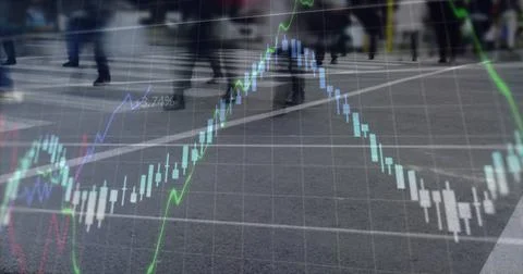 Image of multiple graph and numbers over time-lapse of low section of people Illustrazione stock