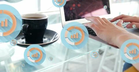 Image of multiple graph icon in circles over coffee cup and caucasian woman Stock Photos