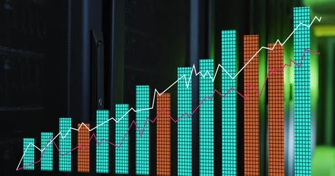 Image of multiple graphs against server room in background Foto stock