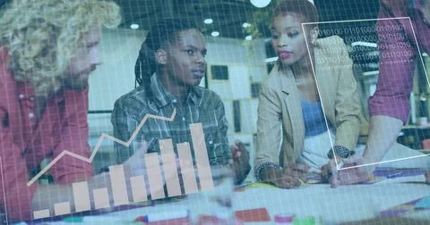 Image of multiple graphs and binary codes over multiracial colleagues shari.. Foto stock