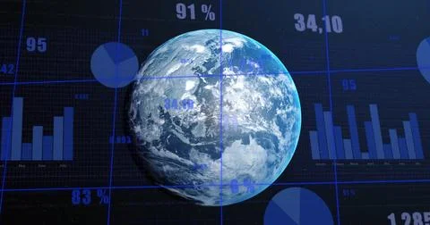 Image of multiple graphs and changing numbers with grid pattern over rotating Stock Photos