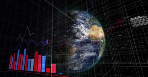Image of multiple graphs and computer language over rotating globe against black Stock Photos