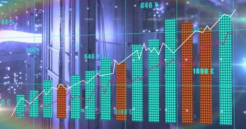 Image of multiple graphs and currency signs with changing numbers over data Ilustração Stock