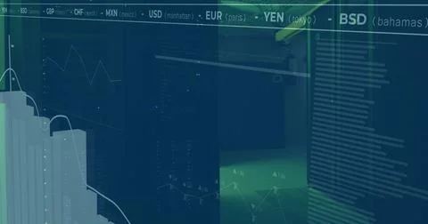 Image of multiple graphs and currency signs over data security room Stock Photos