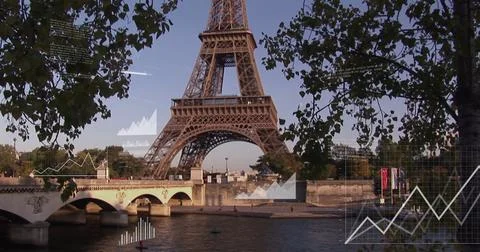 Image of multiple graphs and data over trees, river and bridge against eiffel Fotos Stock