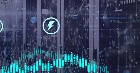 Image of multiple graphs and icons over connected dots on data server racks.. Foto stock